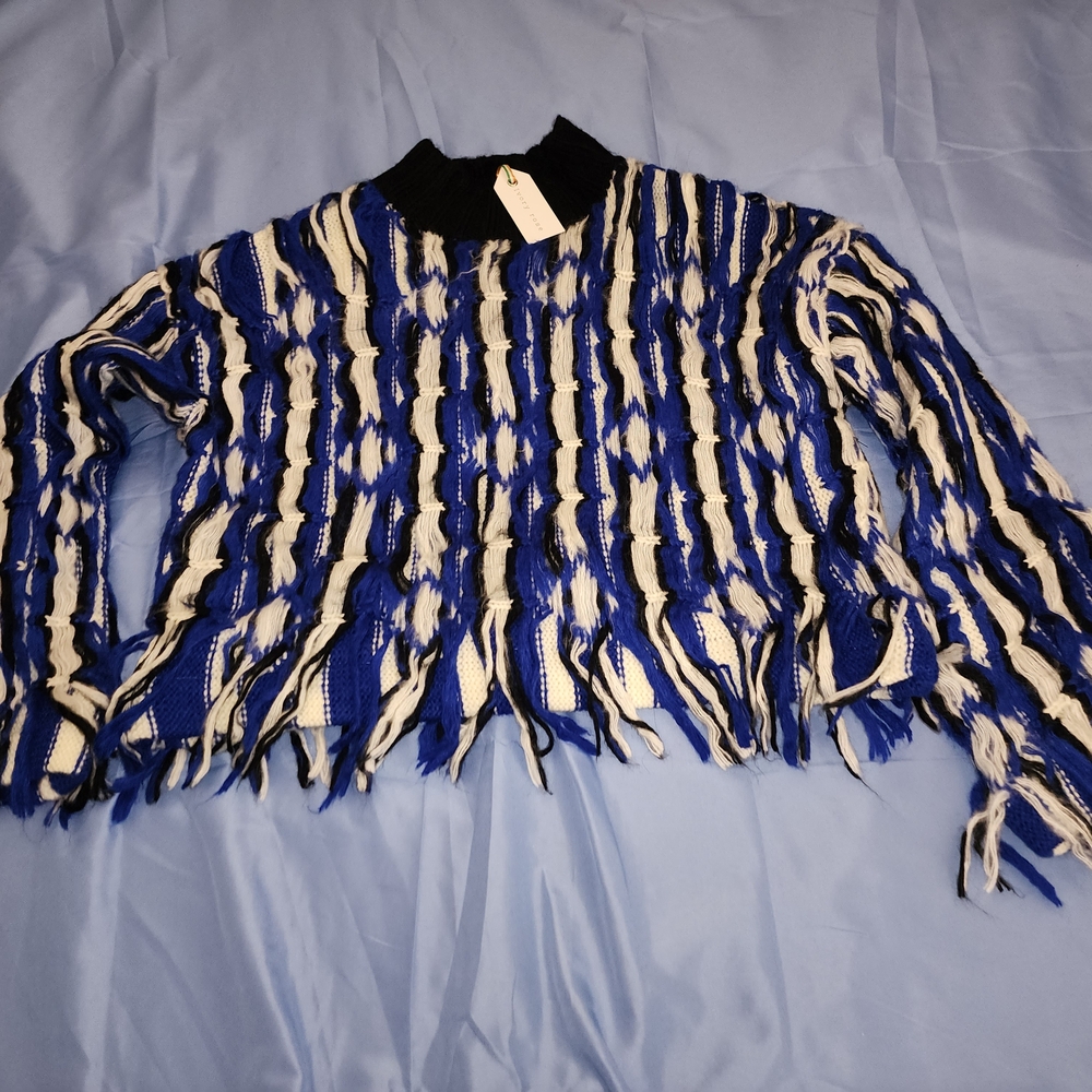 IVORY ROSE CROP FRINGE PULL OVER SWEATER BLUE/WHITE SIZE LARGE NWT